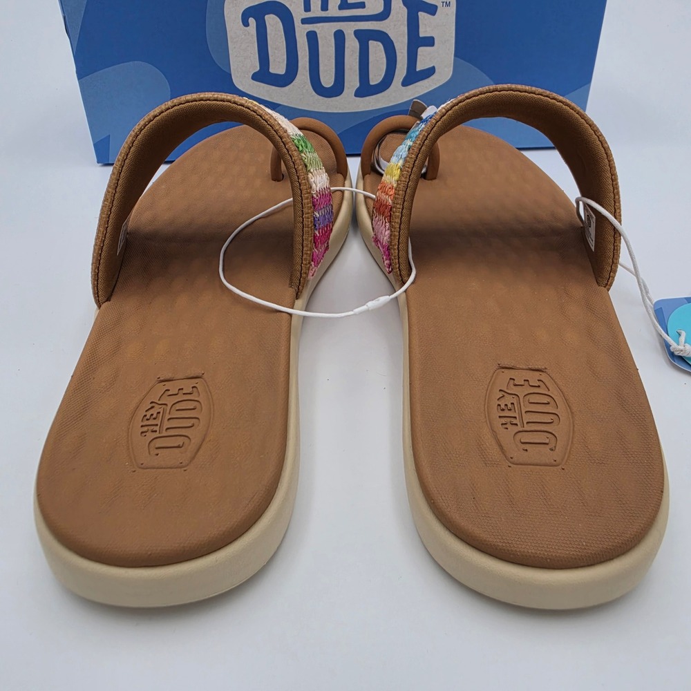 Hey Dude Maui Breeze Toe Loop Sandals Tan Multi Rainbow Woven Slides Size 8, NWB - Picture 6 of 10